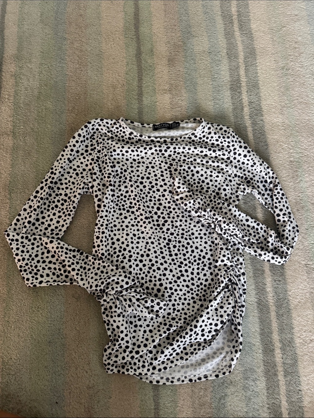 Nasty Gal White Long Sleeve Top with Black Polka Dots and Ruched
